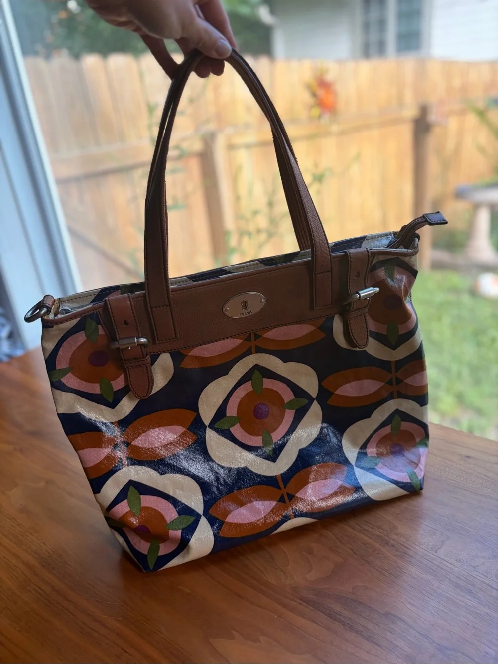Fossil Key-Per Coated Canvas Tote Bag Navy Floral Geometric Print